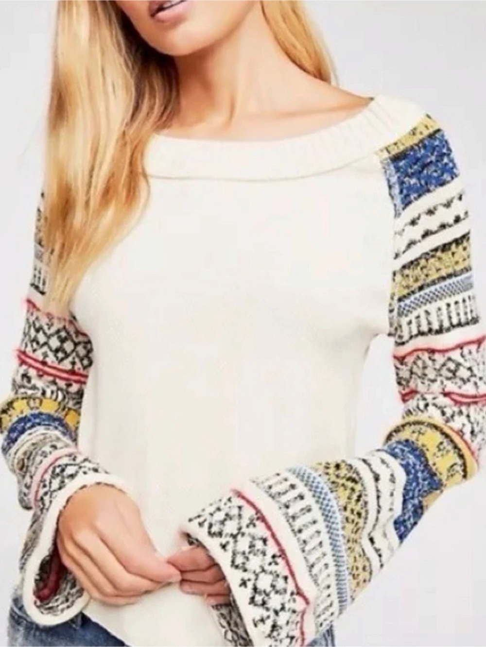 Free People Fairground Waffle Thermal Sweater Top Cream & Blue - Small
